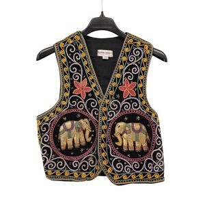 Vtg Carol Horn Workshop Vest Women Medium Black Embroidered Sequin Elephant Boho